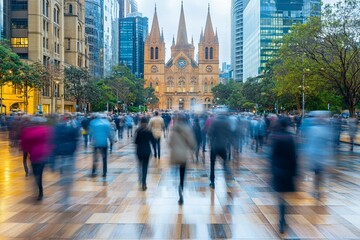 Fototapeta premium Blurred crowd walking past St Andrew's Cathedral in Sydney.