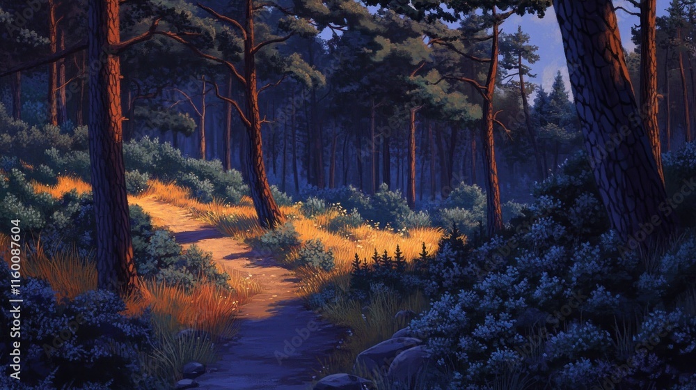 Aufkleber sunlit path winding through a dense forest at dusk.