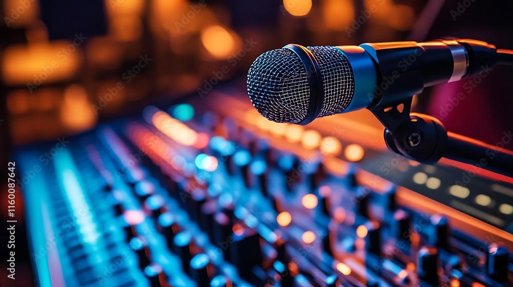 Poster a close-up of a microphone positioned near a colorful sound mixing console.