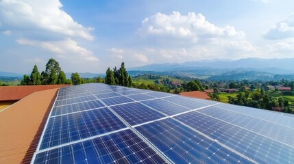 Expansive View of Solar Panels Installed on a Rooftop with a Scenic Green Landscape and Blue Sky in the Background
