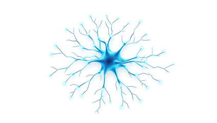 Obraz premium A glowing neuron network icon with interconnecting nodes, electric pulses, and a 3D holographic effect on a plain white background. Ideal for neuroscience or AI themes. 