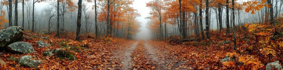 Obraz premium A misty forest path adorned with vibrant autumn leaves.
