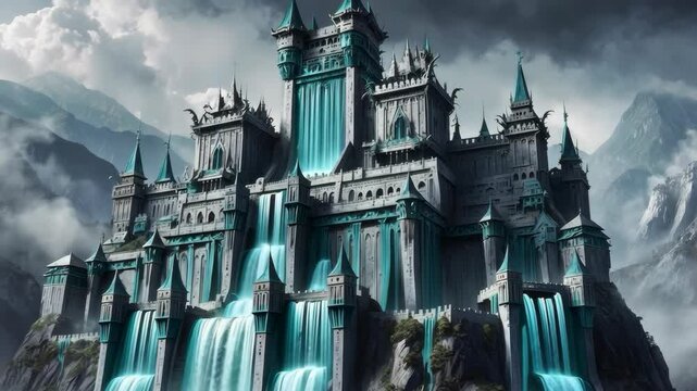 Video footage of majestic castle with cascading waterfalls, set against a dramatic mountainous backdrop, exuding a mystical and grandiose atmosphere