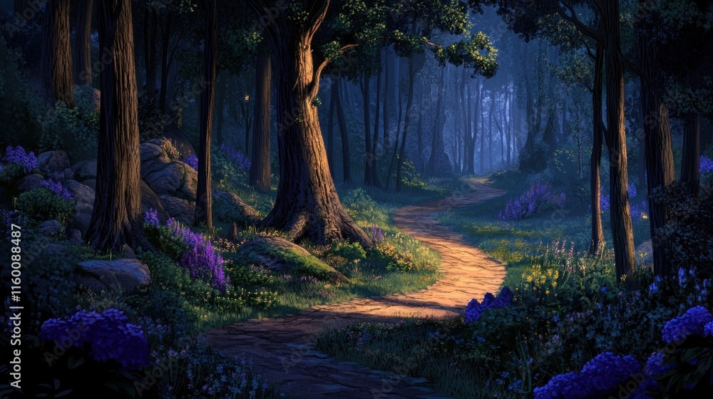 Poster winding path through a mystical, dark forest at dusk, illuminated by soft light.