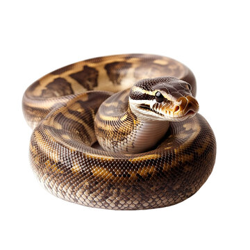 Angled view full body shot of an extremely perfect looking single Indian Python animal isolated on a white transparent background