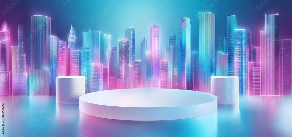 Aufkleber futuristic city skyline backdrop with empty product display podium.