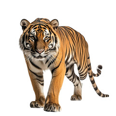 Fototapeta premium Angled view full body shot of an extremely perfect looking single Indochinese Tiger animal isolated on a white transparent background