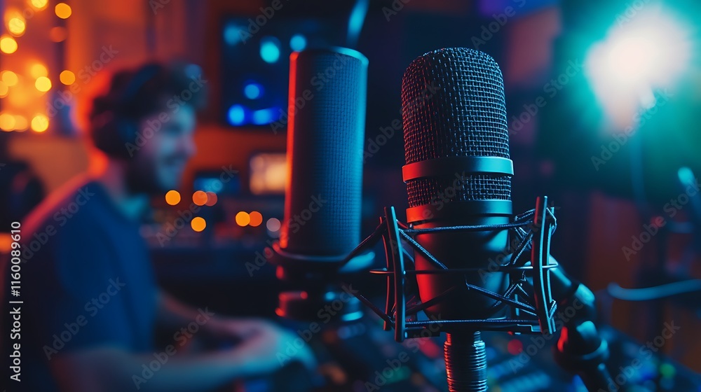 Poster a close-up of microphones in a studio setting with a person mixing audio.