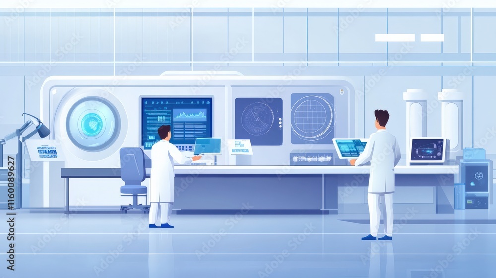 Poster high-tech research laboratory with advanced equipment and scientists analyzing data in a modern scie