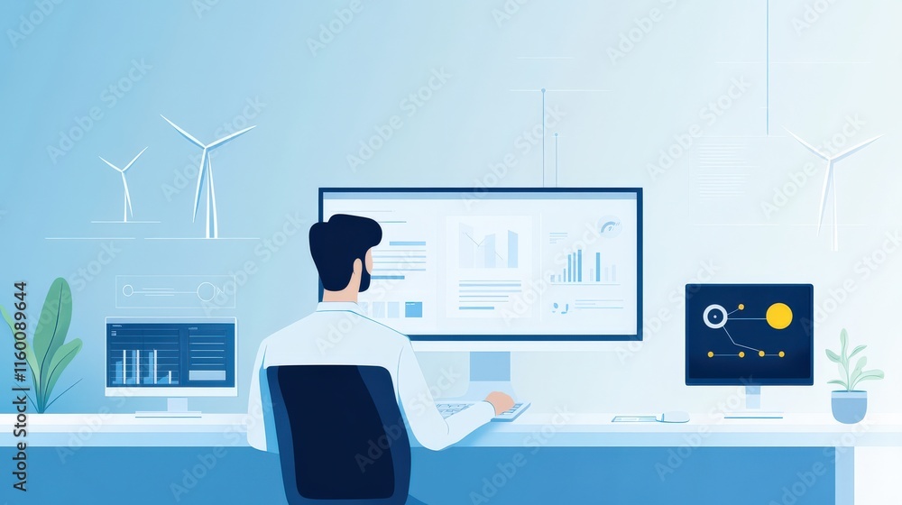 Poster business professional analyzing data on two monitors in modern office with wind turbines and greener