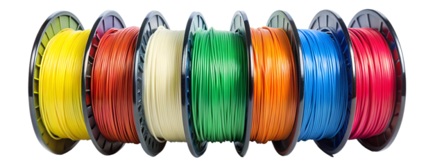 colorful bright wide panorama row of spool 3d printer filament