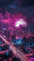 Fototapeta premium Stunning Night Cityscape with Colorful Fireworks Display Over Skyscrapers