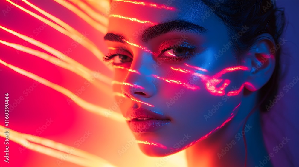 Poster a close-up portrait of a model with vibrant light patterns across her face.