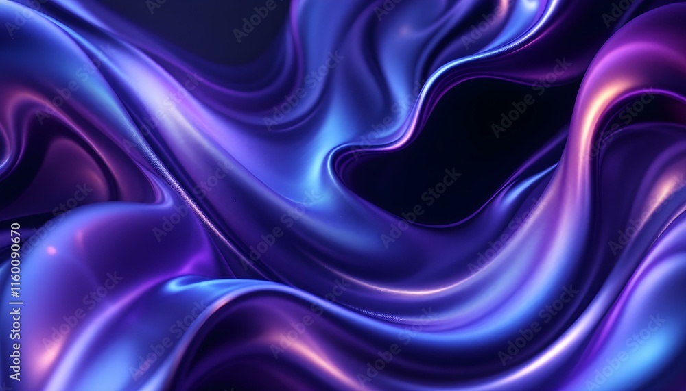Aufkleber Abstract fluid holographic iridescent purple curved wave in dark background 3d render. Gradient design element for backgrounds, and wallpapers. Abstract dark holographic iridescent neon background