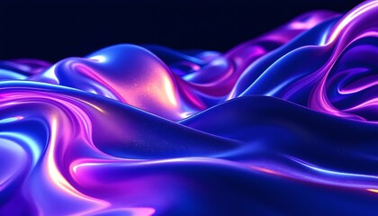 Fototapeta premium Abstract fluid holographic iridescent purple curved wave in dark background 3d render. Gradient design element for backgrounds, and wallpapers. Abstract dark holographic iridescent neon background