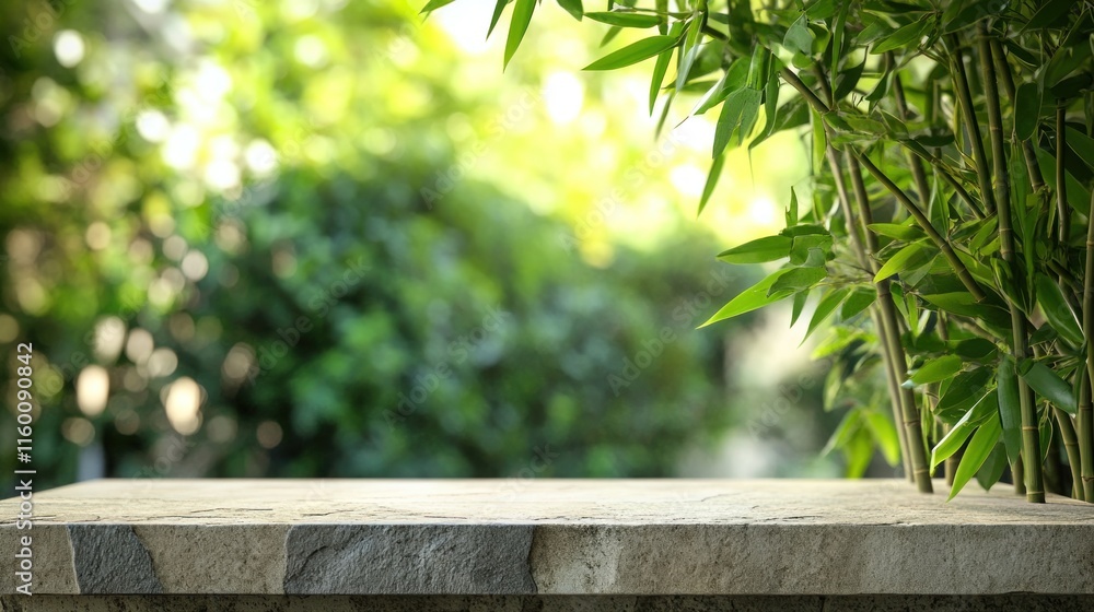 Poster empty stone table with bamboo and blurred green background.