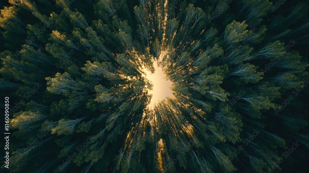 Aufkleber Aerial view of forest canopy at sunset, trees converging towards a bright light.