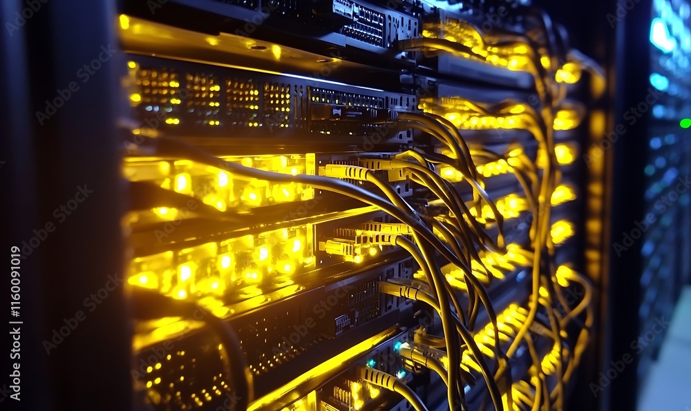 Poster a close-up view of a server rack with illuminated components and cables.