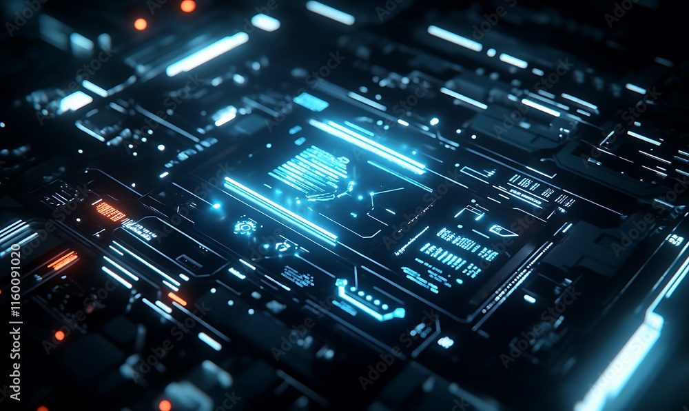 Poster a close-up view of a futuristic circuit board with glowing elements.