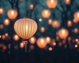 Obraz premium A peaceful Christmas forest lit by floating balloon lanterns in warm red and gold hues