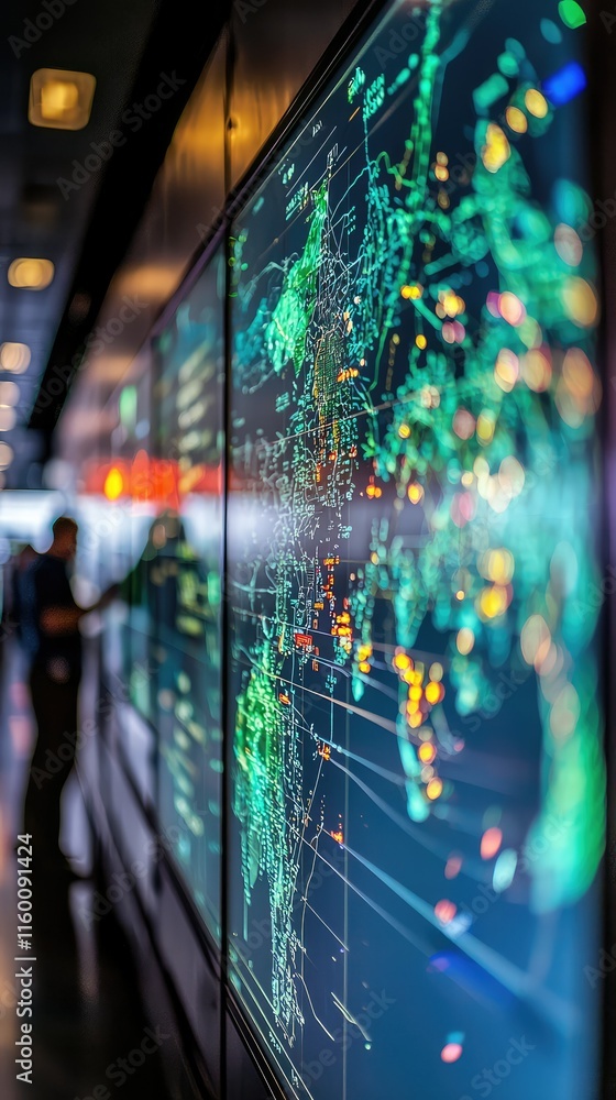 Poster world map visualization with data points and network connections