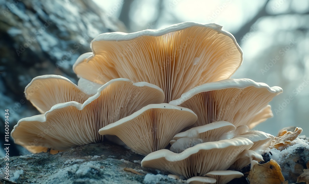 Poster a cluster of pale mushrooms growing on a log in a serene forest setting.