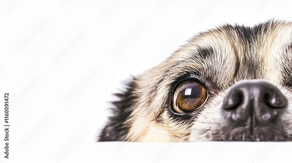 Poster close-up of a curious chihuahua's face peering over a white surface.