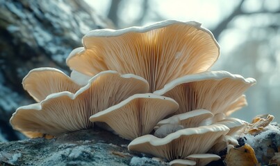 A cluster of pale mushrooms growing on a log in a serene forest setting.