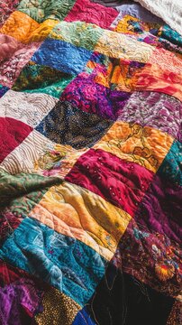 Vibrant Patchwork Quilt with Intricate Patterns and Textures