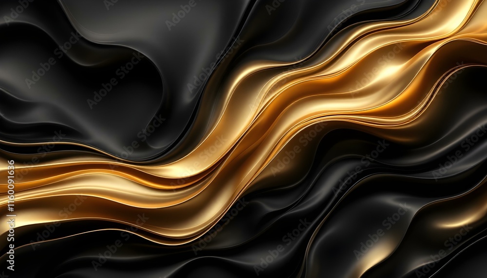Poster Abstract waves of luxurious black lines on a gradient background with golden accents. Abstract futuristic waved dark black background design. Realistic 3d luxury flowing line background design