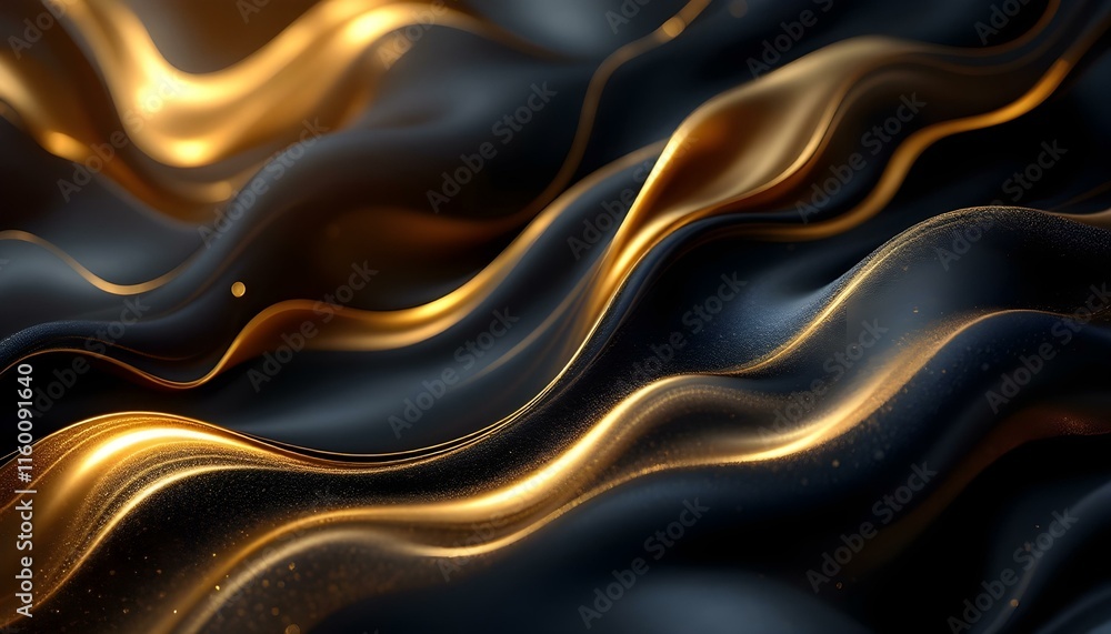 Poster Abstract waves of luxurious black lines on a gradient background with golden accents. Abstract futuristic waved dark black background design. Realistic 3d luxury flowing line background design