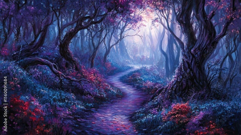 Poster magical forest path winding through vibrant purple and red flora, bathed in ethereal light.