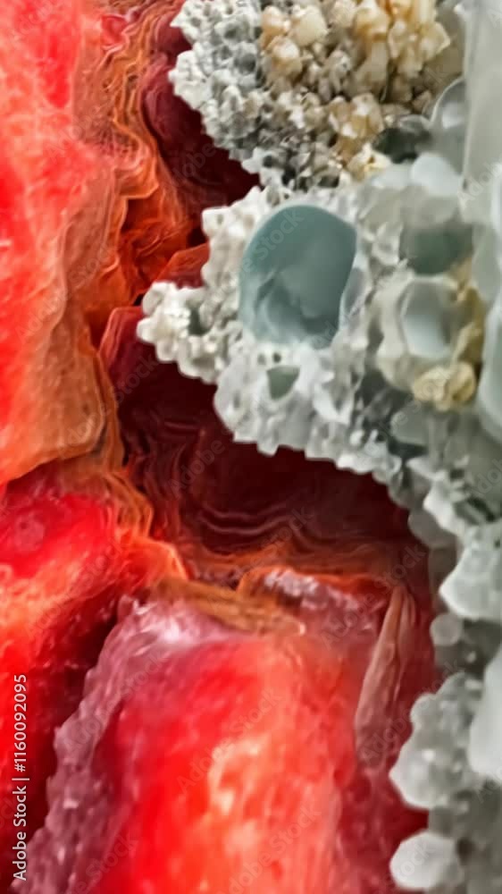 Poster abstract close-up of vibrant red and gray mineral formations showcasing intricate textures and layer