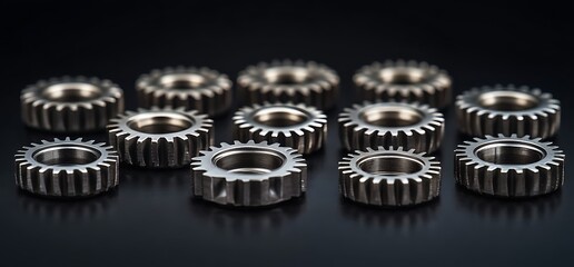 A collection of metallic gears arranged in a visually appealing pattern.