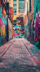 Naklejka premium Vibrant Urban Alleyway with Colorful Street Art and Graffiti