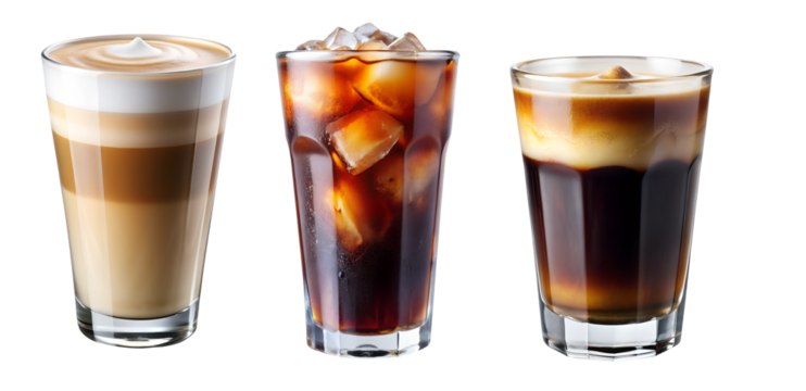 Set with different types of coffee drinks coffee cappuccino americano glass isolated on transparent background
