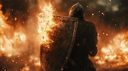 Fiery Battle Scene with Warrior Holding Shield Surrounded by Flames