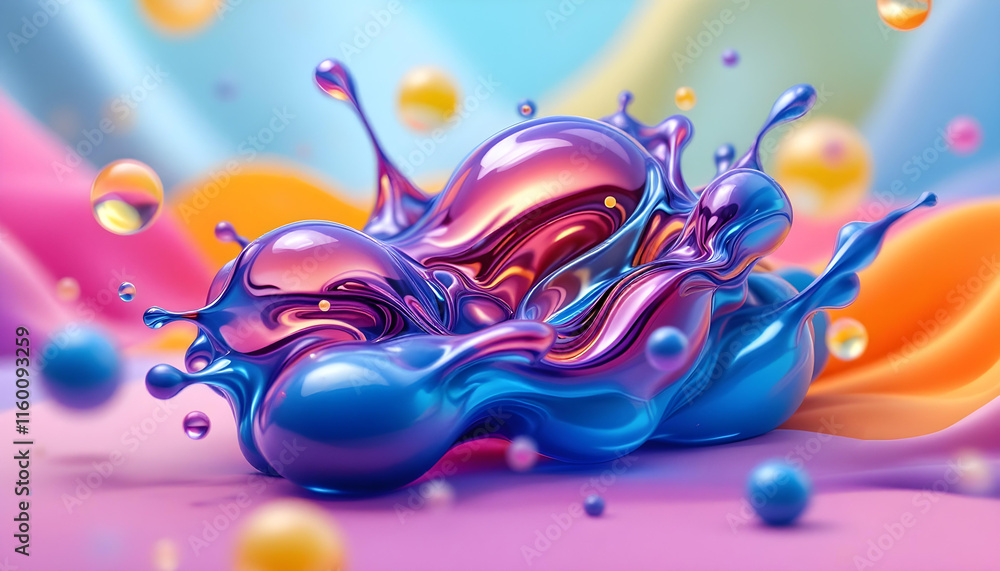 Aufkleber Abstract blue and purple gradient color floating liquid blob. 3d rendering image with smooth transitions and vibrant hues. Pearlescent design abstract background. 3d abstract liquid shape design