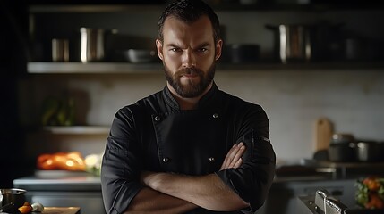 A confident chef stands with arms crossed in a modern kitchen setting.