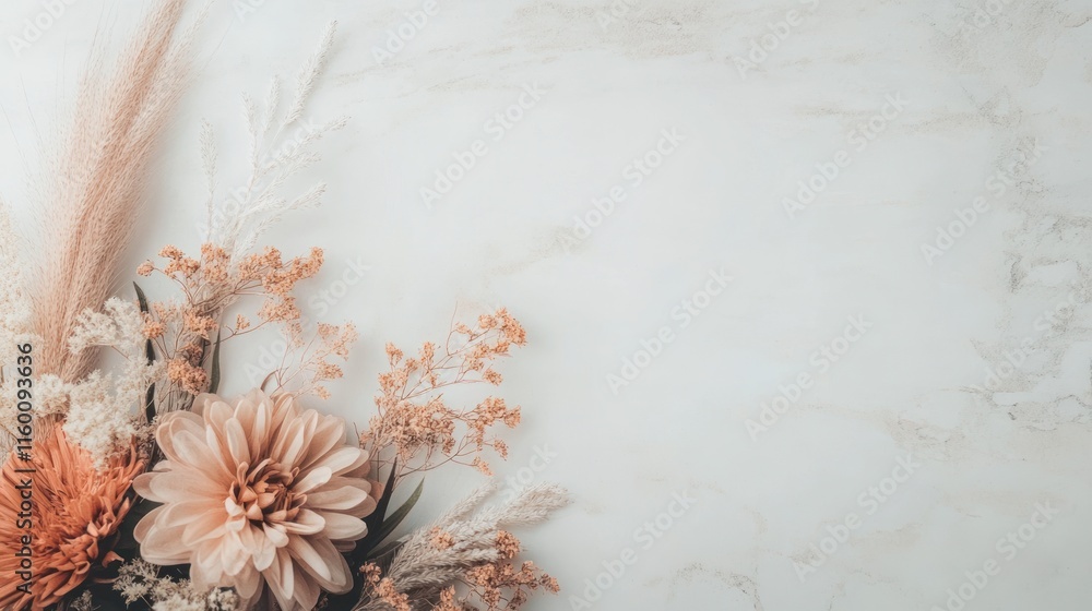 Poster dried flowers and pampas grass arranged on marble background with copy space.