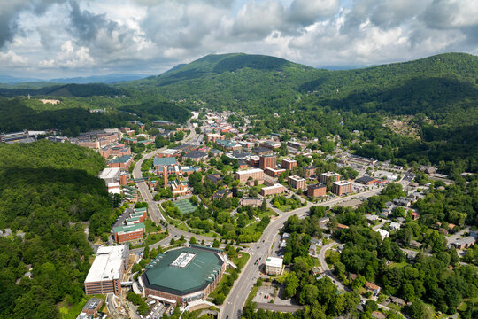 Boone, North Carolina. American architecture with streets and historical buildings in Blue Ridge Mountains. Popular tourist destination