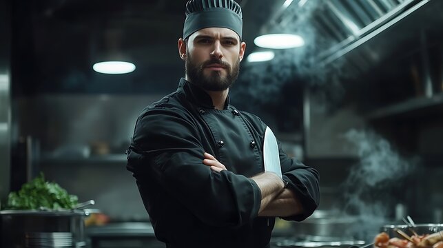 A confident chef stands in a professional kitchen, ready to create culinary delights.