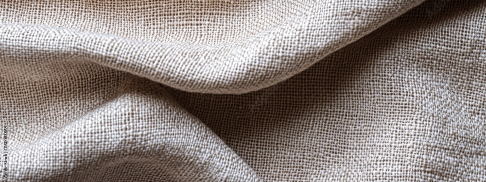 Poster Close-up of beige fabric texture with soft folds and wrinkles, showcasing its natural woven structure and subtle color variations.