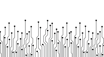 A minimalist black and white illustration of a circuit board pattern with lines and dots symbolizing connections. 