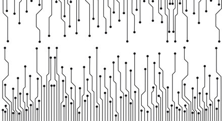 A minimalist black and white illustration of a circuit board pattern with lines and dots symbolizing connections. 