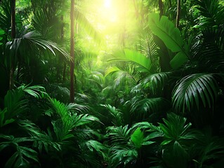 Lush Green Tropical Rainforest Sunlight Dappled Canopy