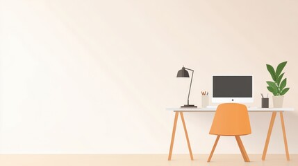 Modern Minimalist Workspace with Bright Orange Chair, Desk Lamp, Computer, and Green Plant Arranging an Inviting Atmosphere for Productivity and Creativity
