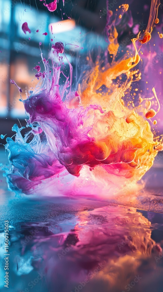 Poster vibrant color explosion in fluid dynamics with reflections