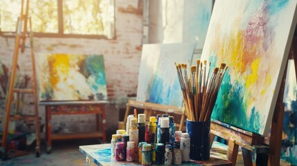 An artistic painting studio with colorful canvases and brushes, Paint tubes organized in a creative workspace, Creative expression style