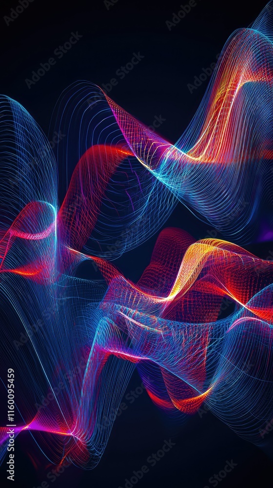 Poster vibrant abstract wave patterns in blue and red on black background